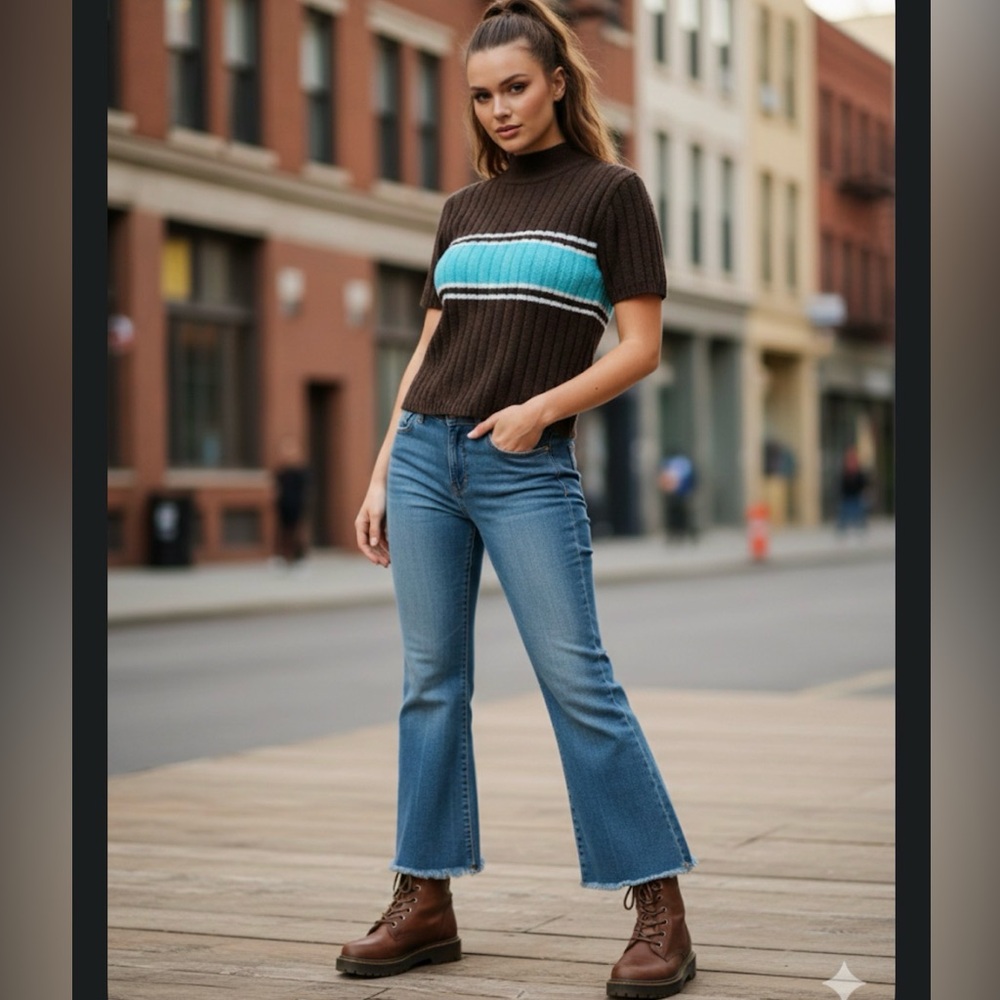 Express Tricot - vintage large, chocolate‎ brown, teal and light blue sweater